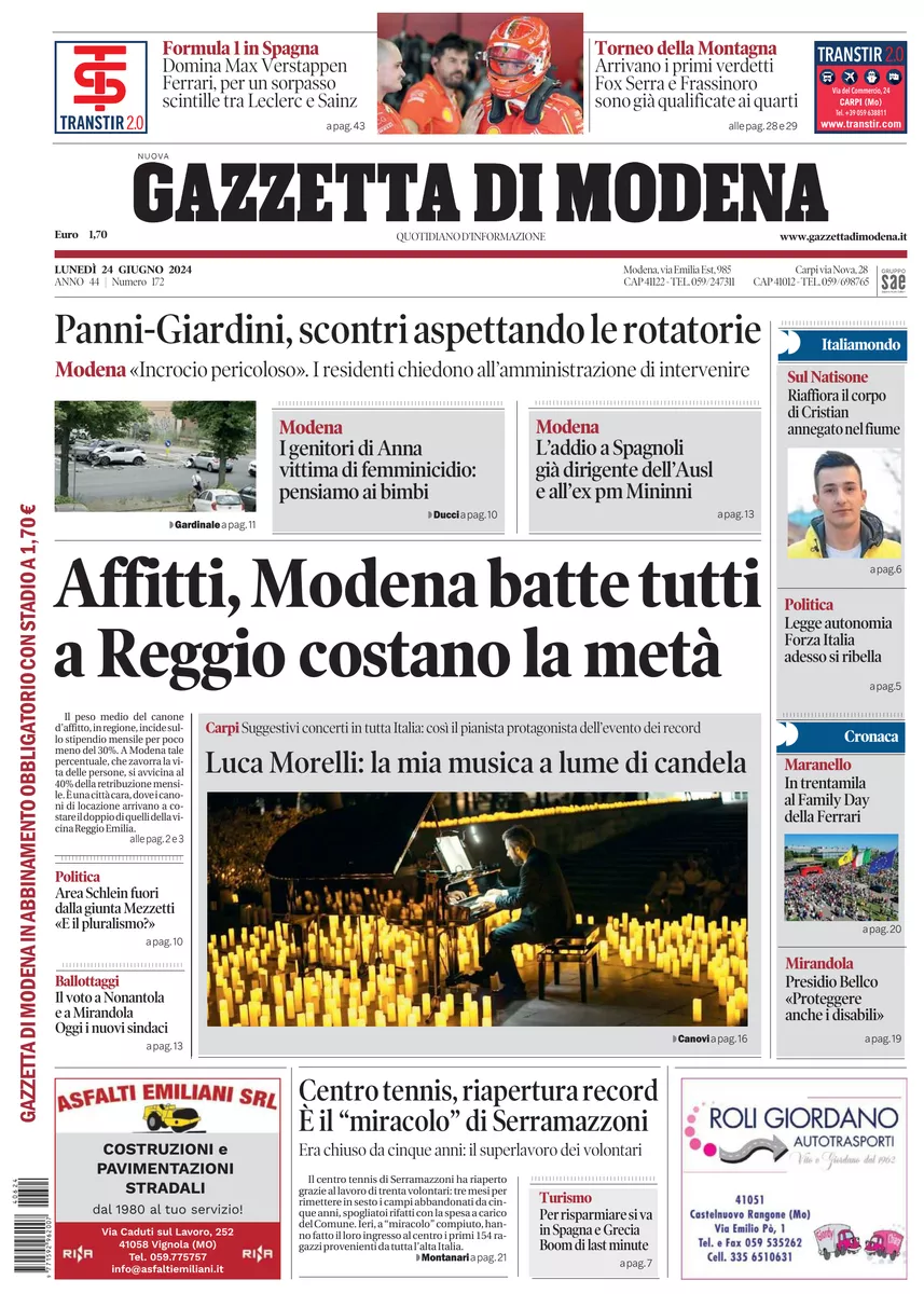 Prima-pagina-gazzetta di modena-oggi-edizione-del-2024-06-24